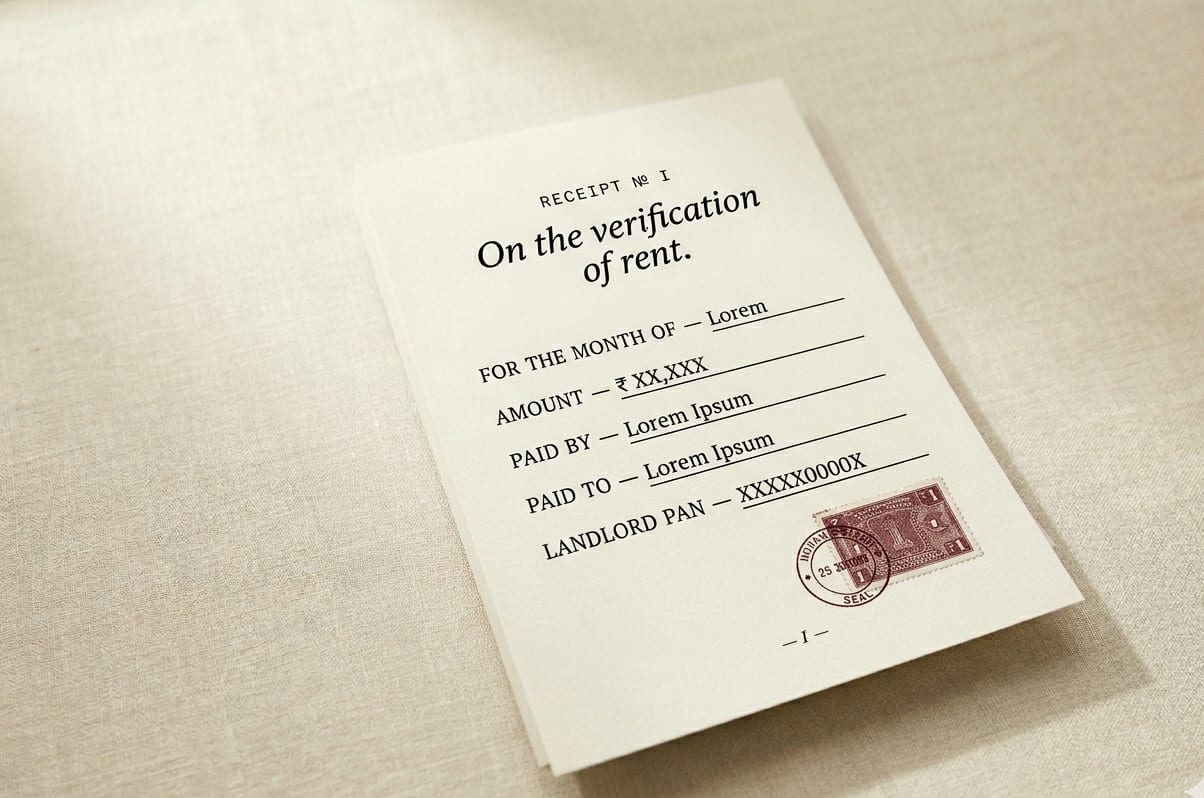 A formal Indian rent receipt on cream linen, a ₹1 revenue stamp affixed at the lower right and overstamped with a circular date seal — the artefact a verifier checks for.